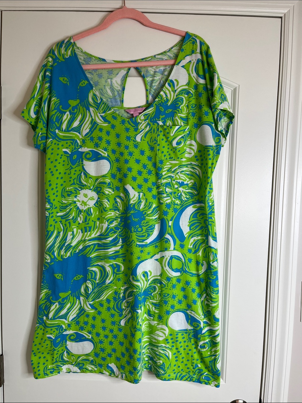 Lily Pulitzer-Short Sleeve, Green & Blue Printed Mini Dress with Keyhole back-XL